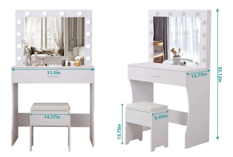 Vanity Table Set with Lighted Mirror - Makeup Vanity with Lights, Adjustable Brightness, Large Drawer Sturdy Wood Vanity, White