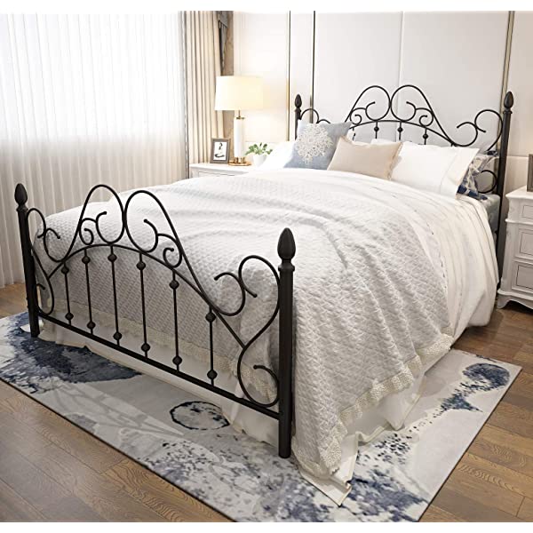 Black Queen Platform Metal Bed Frame with Headboard and Footboard,Vintage Victorian Style Mattress Foundation, No Box Spring Required, Black,Queen. Queen Black