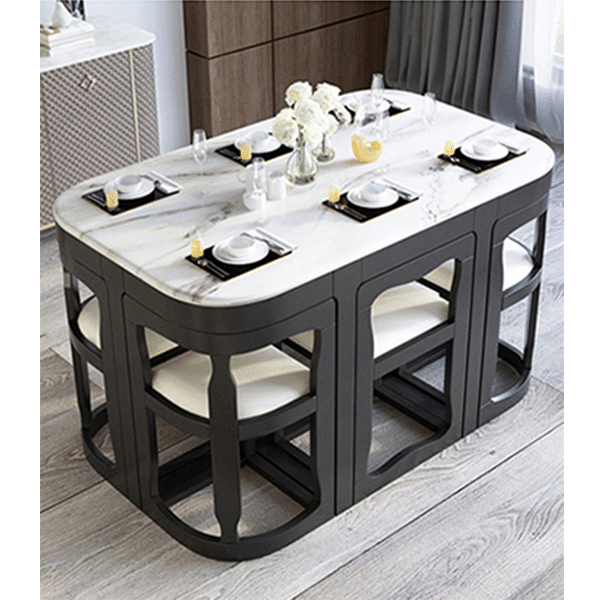 Esstisch und Stühle aus Marmor, Schiefer, Haushalt, kleine Wohnung, moderner, minimalistischer runder Tisch, schrumpfender Esstisch, Kombination aus Tisch und Stuhl aus Massivholz