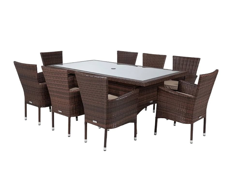 Garden Dining Table + 8 Chairs Rattan Garden Chairs and Rectangular Dining Table Set